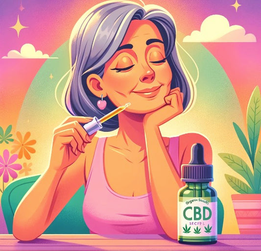 illustration of a menopausal lady taking CBD drops